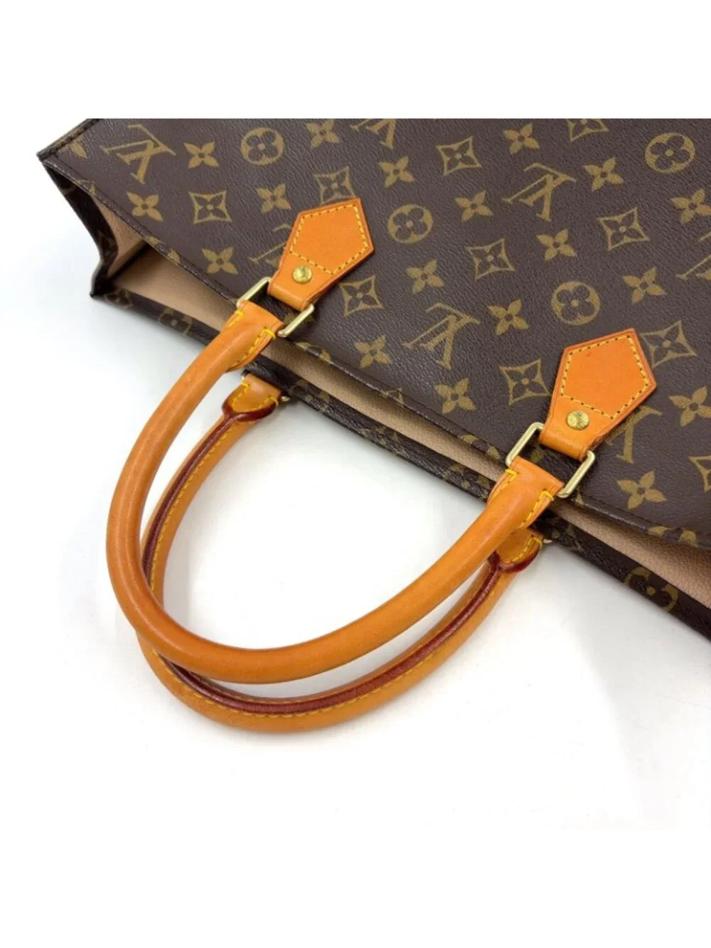 Louis Vuitton Sac Plat Monogram Handbag Leather Brown Light Tote Gold